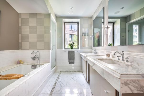 Bathroom, Dual Sink Vanities, Glass Shower, Interior, Marble, Recessed Lighting