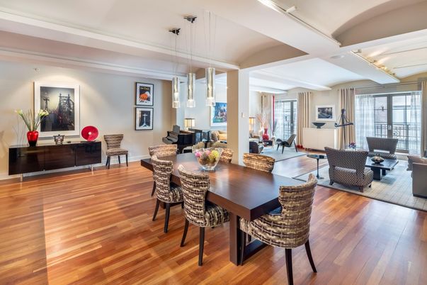 Dining room, Interior, Living room, Pendant Lights, Wood Texture Flooring