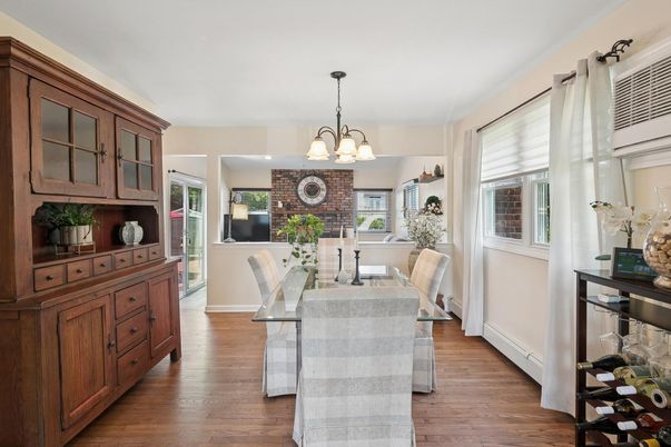 Chandelier, Dining room, Interior, Recessed Lighting, Stone Walls, Wood Texture Flooring