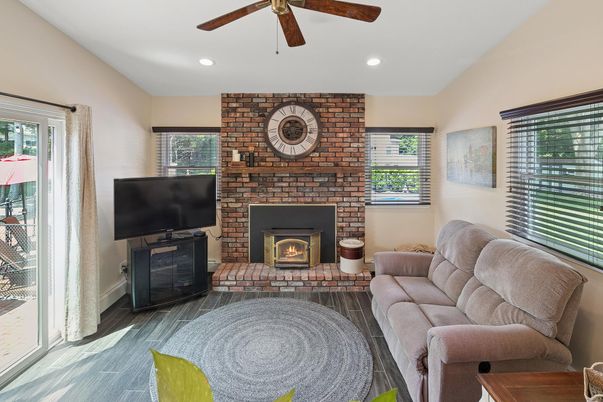 Fireplace, Interior, Living room, Recessed Lighting, Stone Walls