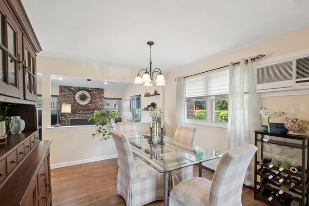 Chandelier, Dining room, Interior, Recessed Lighting, Stone Walls, Wood Texture Flooring