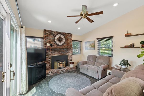 Fireplace, Interior, Living room, Recessed Lighting, Stone Walls