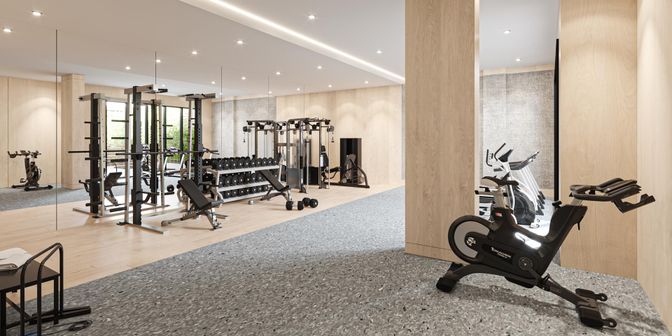 Fitness Equipment, Gym, Interior, Recessed Lighting, Wood Texture Flooring
