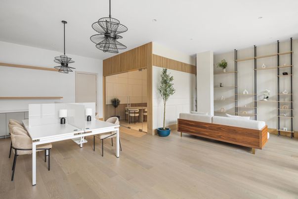 Dining room, Interior, Pendant Lights, Recessed Lighting, Wood Texture Flooring