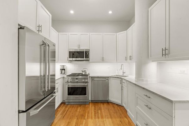 Interior, Kitchen, Recessed Lighting, Stainless Steel Appliances, Wood Texture Flooring