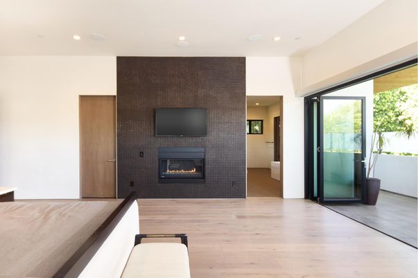 Fireplace, Interior, Recessed Lighting, Wood Texture Flooring