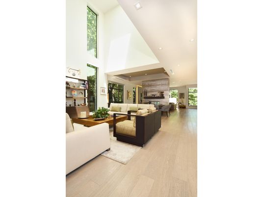 Dining room, Fireplace, Interior, Living room, Recessed Lighting, Wood Texture Flooring