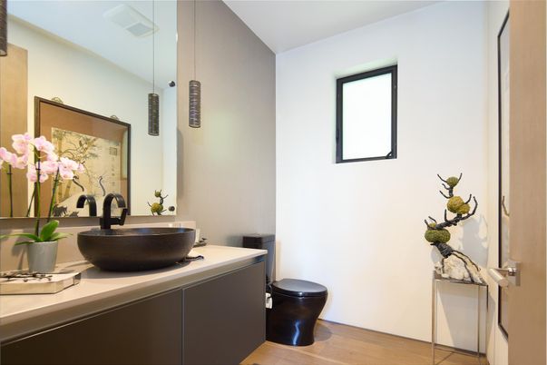 Bathroom, Interior, Pendant Lights, Wood Texture Flooring