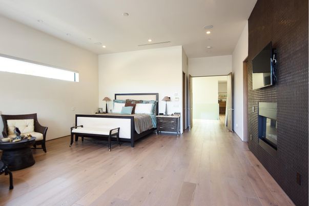 Bedroom, Fireplace, Interior, Recessed Lighting, Wood Texture Flooring