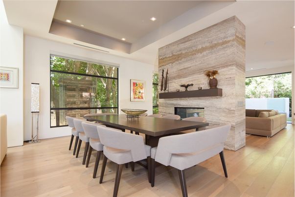 Dining room, Fireplace, Interior, Recessed Lighting, Wood Texture Flooring