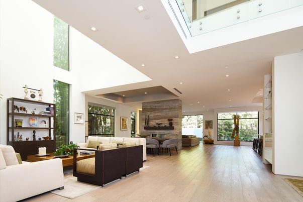 Fireplace, Interior, Living room, Recessed Lighting, Stone Walls, Wood Texture Flooring