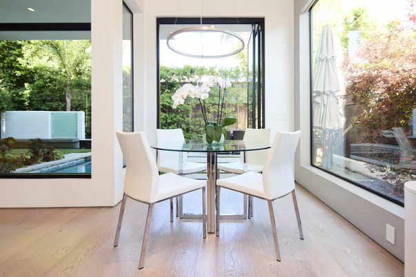 Dining room, Interior, Pendant Lights, Wood Texture Flooring