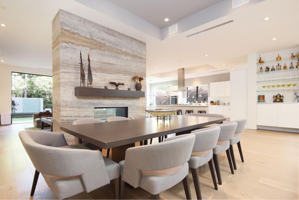 Dining room, Fireplace, Interior, Kitchen, Recessed Lighting, Wood Texture Flooring