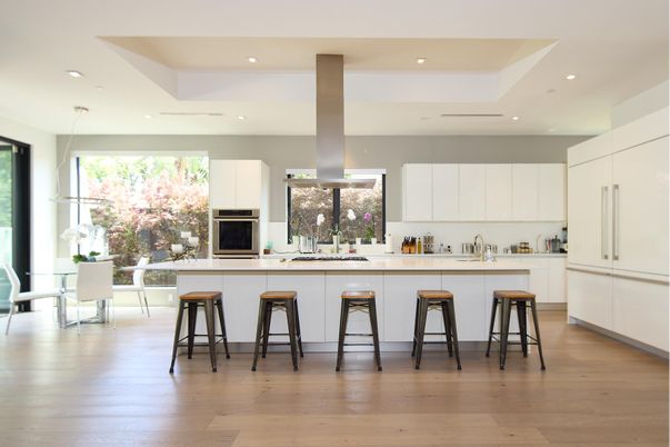 Dining room, Interior, Kitchen, Pendant Lights, Recessed Lighting, Wood Texture Flooring