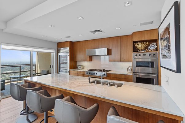 Interior, Kitchen, Recessed Lighting, Stainless Steel Appliances, Water, Wood Texture Flooring