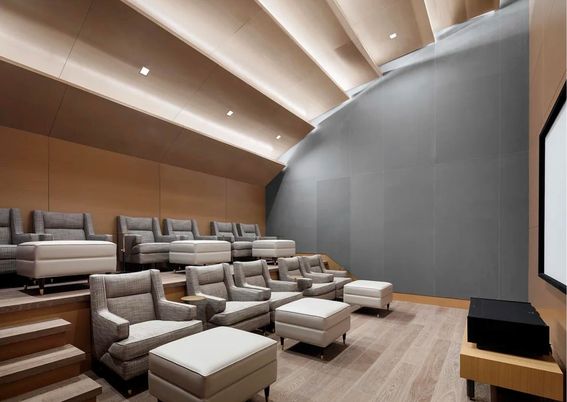 Interior, Projection Screen, Recessed Lighting, Theatre Room, Wood Texture Flooring