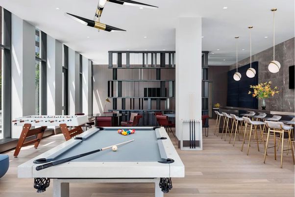 Billiard Table, Game Room, Interior, Pendant Lights, Recessed Lighting, Wood Texture Flooring