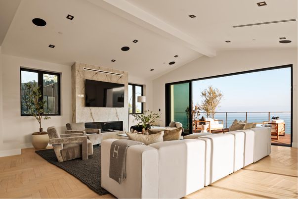 Fireplace, Interior, Living room, Recessed Lighting, Water, Wood Texture Flooring