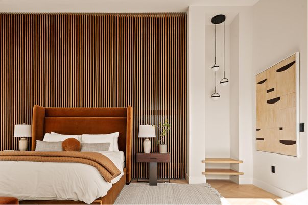 Bedroom, Interior, Pendant Lights, Wood Texture Flooring