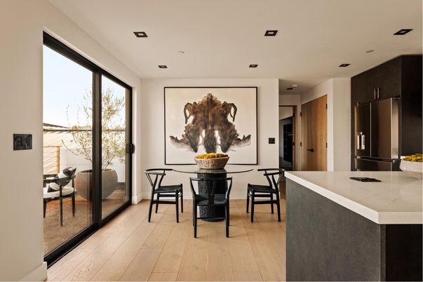 Dining room, Interior, Kitchen, Recessed Lighting, Wood Texture Flooring