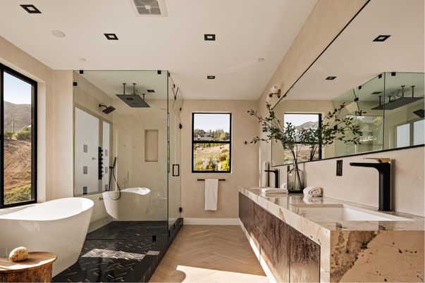 Bathroom, Dual Sink Vanities, Free Standing Baths, Glass Shower, Interior, Recessed Lighting, Wood Texture Flooring