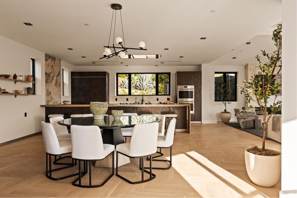 Dining room, Interior, Kitchen, Pendant Lights, Recessed Lighting, Stainless Steel Appliances, Wood Texture Flooring