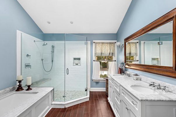 Bathroom, Dual Sink Vanities, Glass Shower, Interior, Recessed Lighting, Wood Texture Flooring