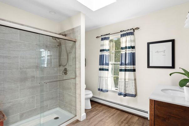 Bathroom, Glass Shower, Interior, Recessed Lighting, Wood Texture Flooring
