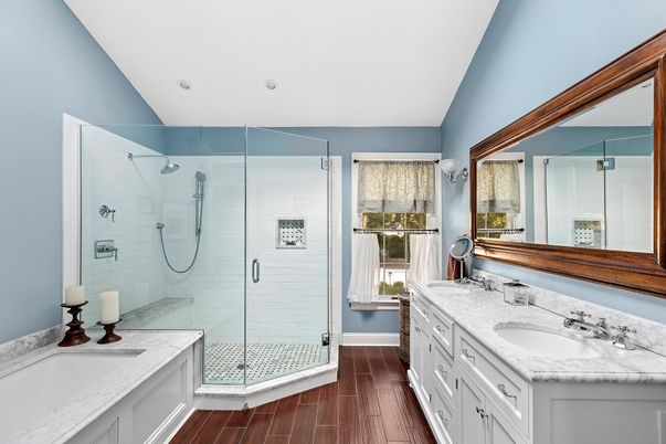 Bathroom, Dual Sink Vanities, Glass Shower, Interior, Recessed Lighting, Wood Texture Flooring