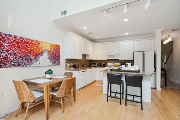 Dining room, Interior, Kitchen, Recessed Lighting, Wood Texture Flooring