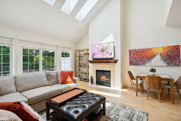 Dining room, Fireplace, Interior, Living room, Recessed Lighting, Wood Texture Flooring