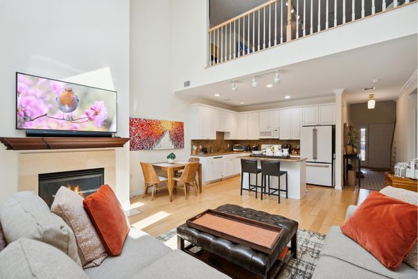 Dining room, Fireplace, Interior, Kitchen, Living room, Recessed Lighting, Wood Texture Flooring
