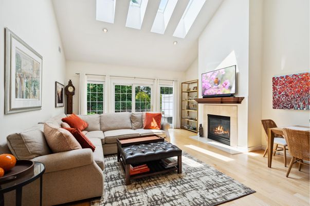 Dining room, Fireplace, Interior, Living room, Recessed Lighting, Wood Texture Flooring