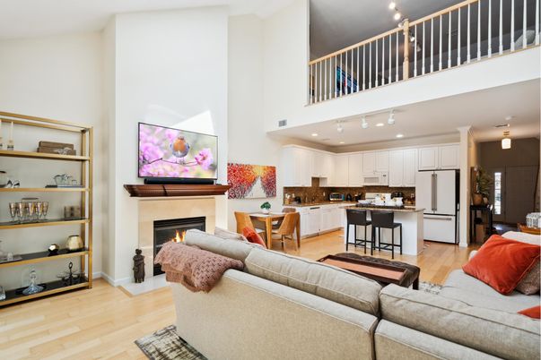 Fireplace, Interior, Kitchen, Living room, Recessed Lighting, Wood Texture Flooring