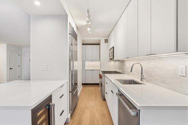 Interior, Kitchen, Recessed Lighting, Stainless Steel Appliances, Wood Texture Flooring