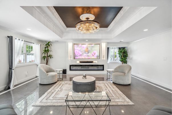 Chandelier, Fireplace, Interior, Living room, Recessed Lighting, Wood Texture Flooring