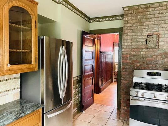Interior, Kitchen, Stainless Steel Appliances, Stone Walls, Wood Texture Flooring