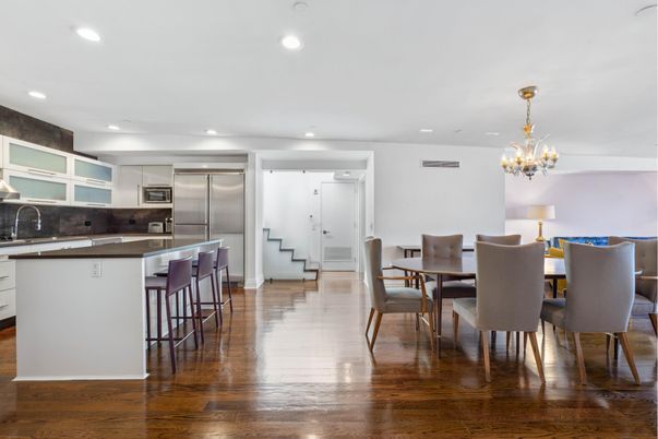 Chandelier, Dining room, Interior, Kitchen, Recessed Lighting, Stainless Steel Appliances, Wood Texture Flooring