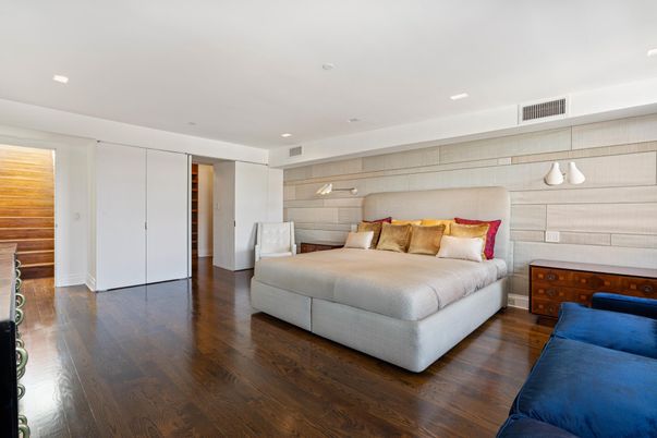 Bedroom, Interior, Recessed Lighting, Wood Texture Flooring