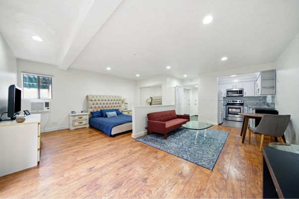 Bedroom, Interior, Kitchen, Recessed Lighting, Stainless Steel Appliances, Wood Texture Flooring