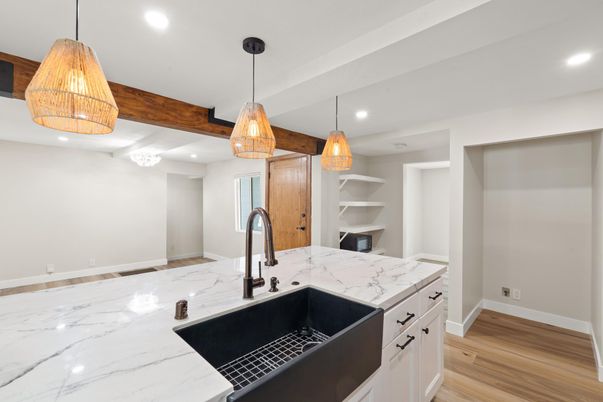 Interior, Kitchen, Pendant Lights, Recessed Lighting, Wood Texture Flooring