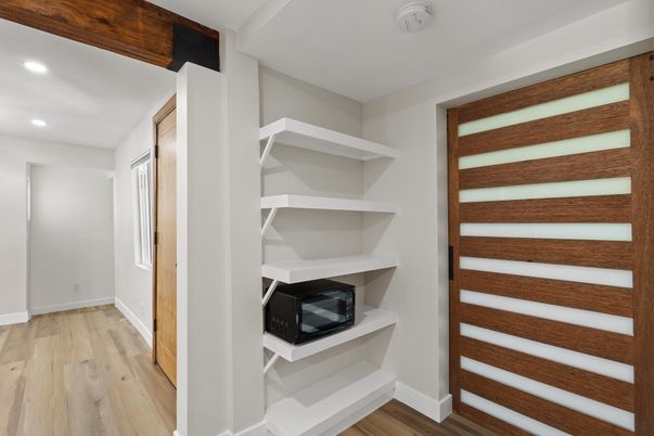 Fireplace, Interior, Recessed Lighting, Wood Texture Flooring
