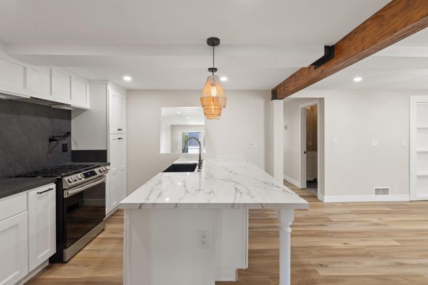 Interior, Kitchen, Pendant Lights, Recessed Lighting, Stainless Steel Appliances, Wooden Beams, Wood Texture Flooring