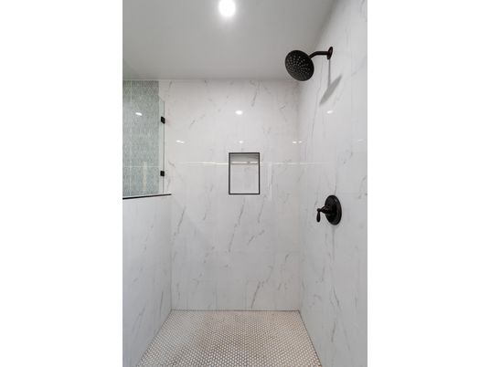 Bathroom, Glass Shower, Interior, Marble Walls, Recessed Lighting