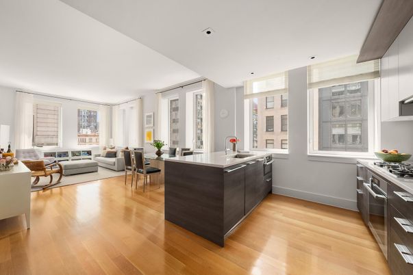 Dining room, Interior, Kitchen, Living room, Recessed Lighting, Wood Texture Flooring