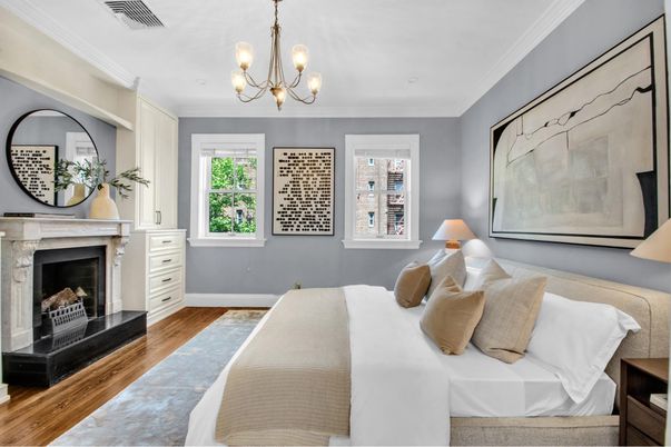 Bedroom, Chandelier, Fireplace, Interior, Wood Texture Flooring