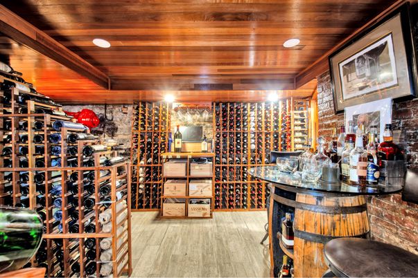 Interior, Recessed Lighting, Stone Walls, Wine Storage, Wooden Ceilings, Wood Texture Flooring