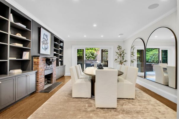 Dining room, Fireplace, Interior, Recessed Lighting, Wood Texture Flooring