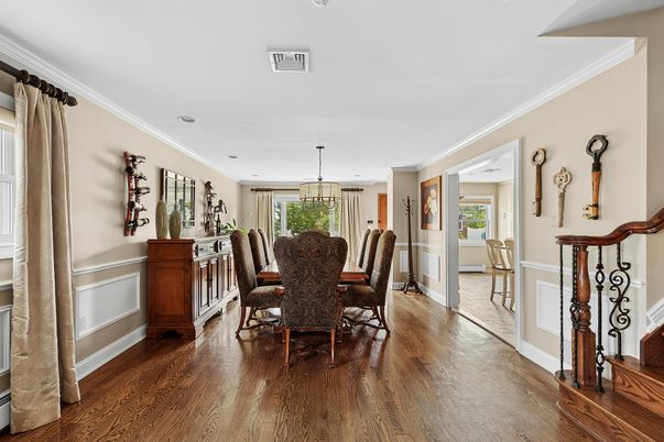 Dining room, Interior, Pendant Lights, Recessed Lighting, Wood Texture Flooring