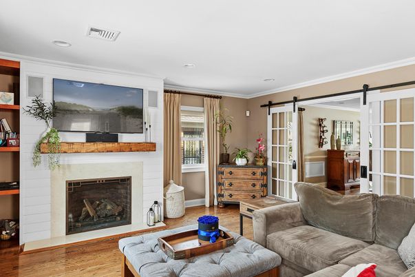 Fireplace, Interior, Living room, Recessed Lighting, Wood Texture Flooring